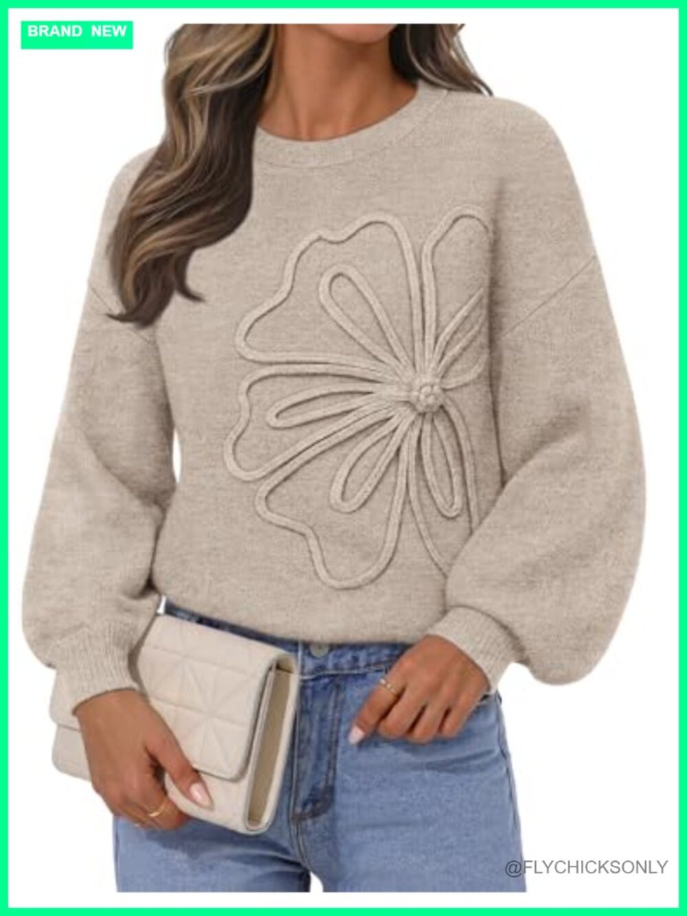 Womens Pullover Sweater 3D Floral Knit Long Lantern Sleeve Oversized Fall